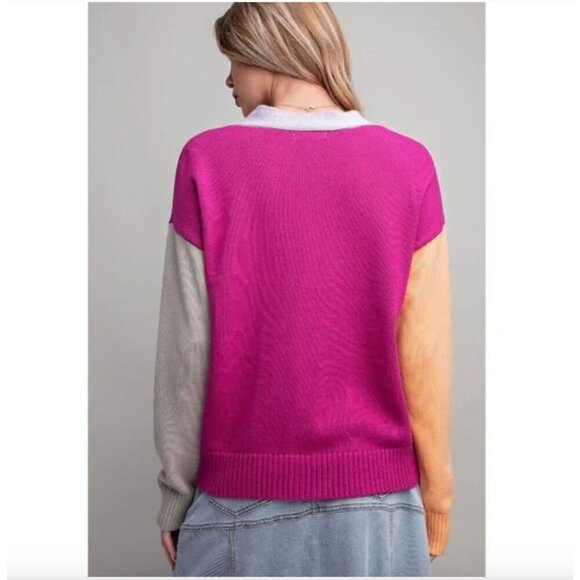 Easel Color Block Cardigan Lilac Peach Magenta Button Front Sweater NWT Small - Picture 10 of 12